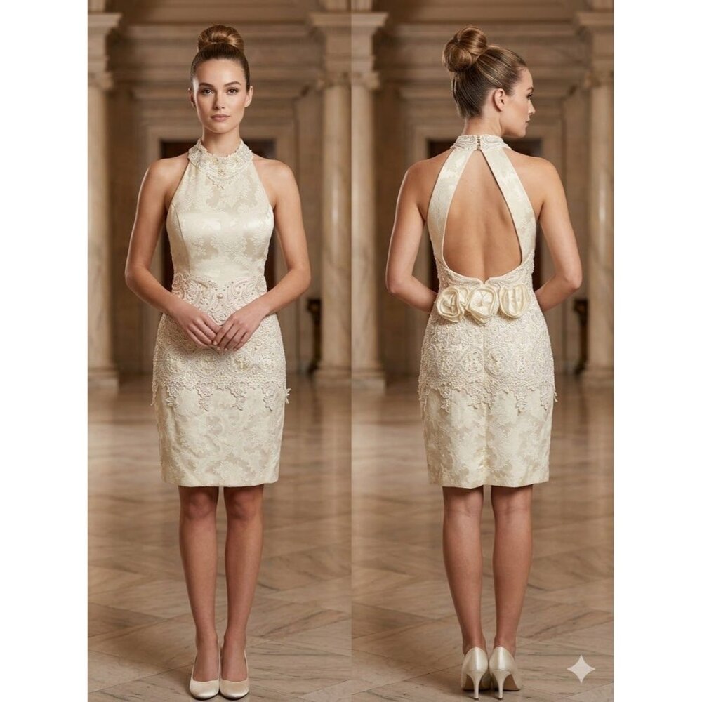 Vintage 90s Jessica McClintock Dress 6 Ivory Beaded Lace Halter Open Back Prom